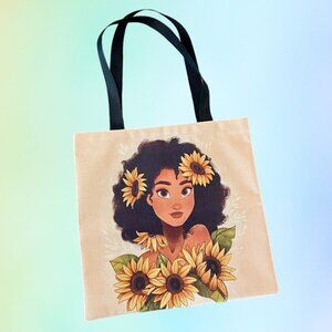 Sweet Hawaiian Girl with Sunflowers Ethnic Fabric Canvas Strap Tote Bag